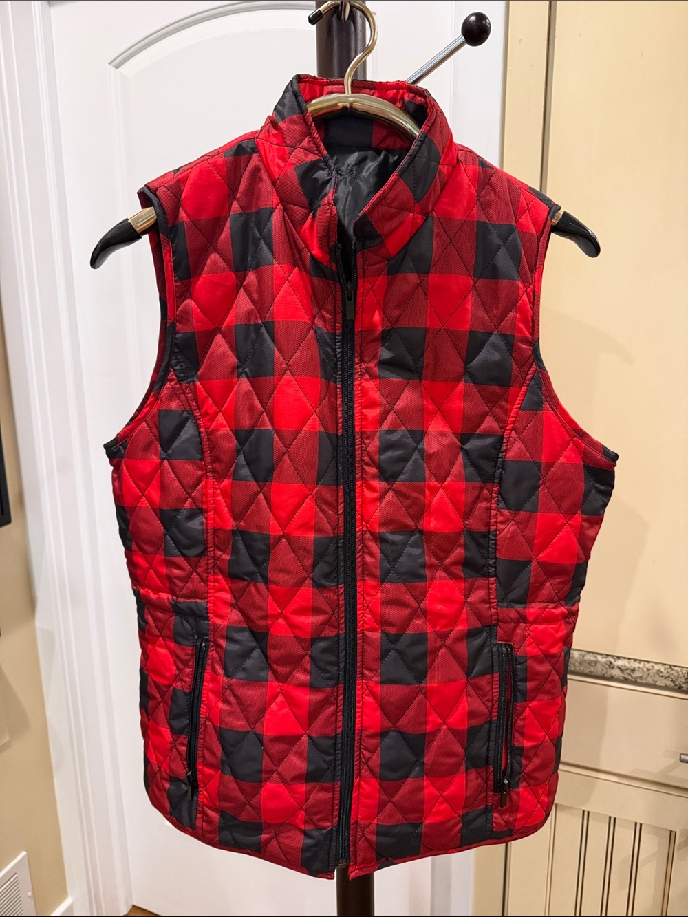 Relativity Red and Black Quilted Buffalo-Check Puffer Vest